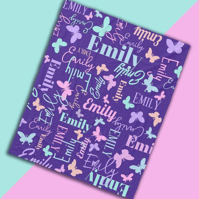Rainbow butterflies custom name blue pink purple fleece blanket (Creator Uploaded)