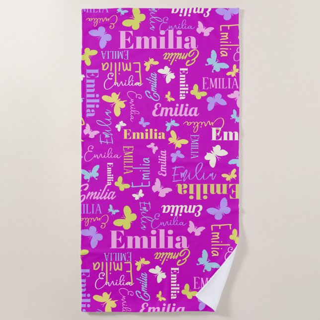Rainbow butterflies custom name Emilia purple Beach Towel (Front)