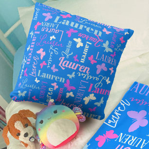 Rainbow butterflies custom name sky blue Lauren Cushion