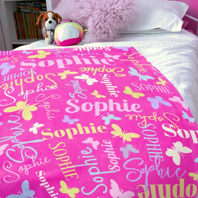 Rainbow butterflies custom name Sophie hot pink Fleece Blanket (Creator Uploaded)