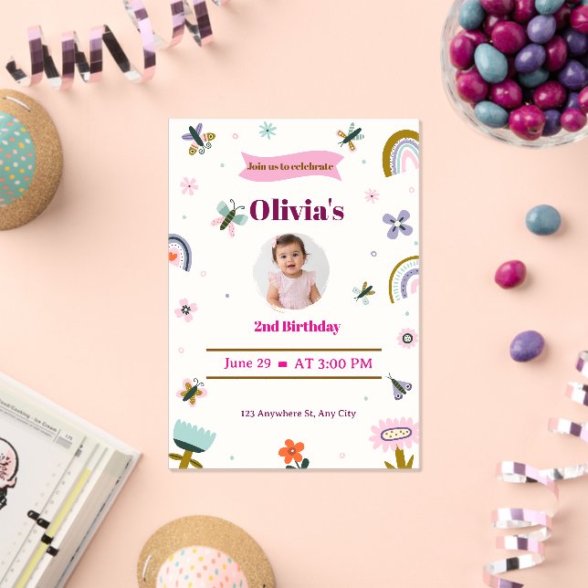 Rainbow Butterfly 2nd Birthday Invite Acrylic Invitations (Insitu (Celebration))
