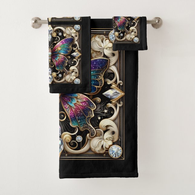 Rainbow Butterfly Art Deco Art Nouveau Bath Towel Set (Insitu)