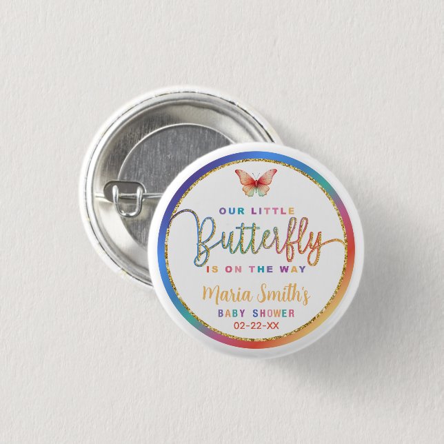 Rainbow Butterfly Baby Shower Button (Front & Back)