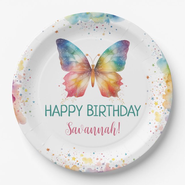 Rainbow Butterfly Birthday Paper Plate (Front)