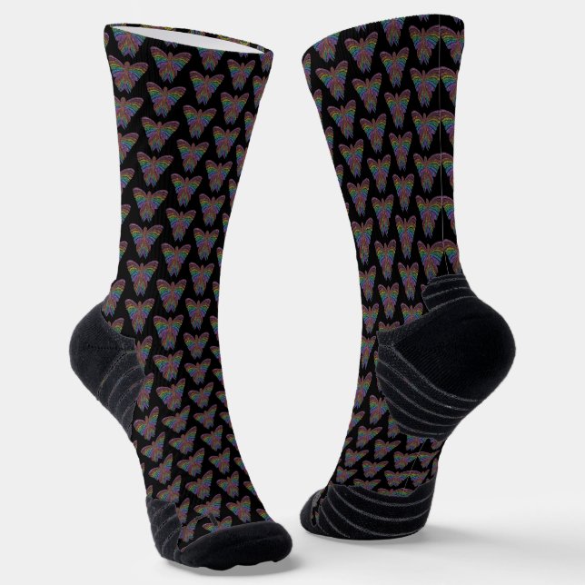 Rainbow Butterfly (black) - Athletic Socks (Angled)