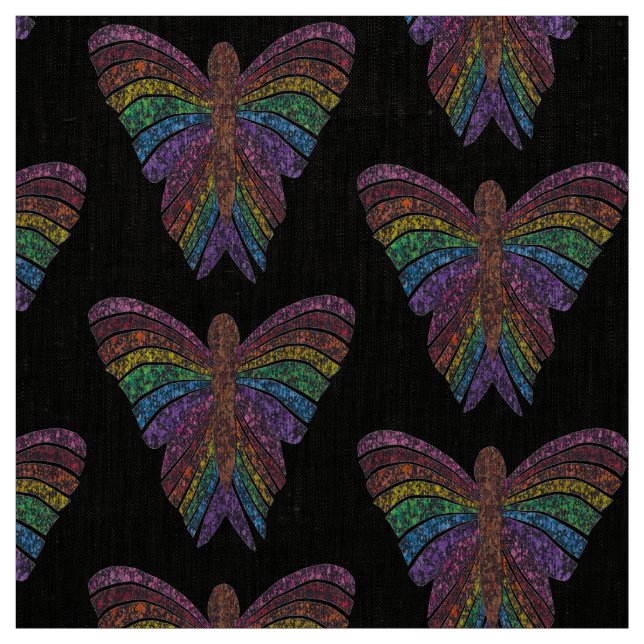 Rainbow Butterfly (black) - Natural Linen Fabric (Swatch)