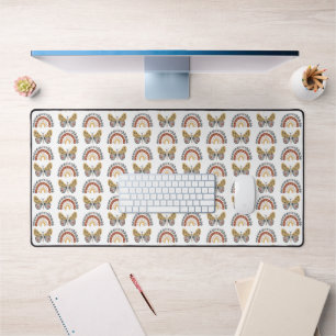 Rainbow Butterfly Boho Pattern Yellow Grey White Desk Mat