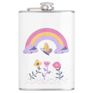 Rainbow Butterfly Cloud Flowers Hip Flask