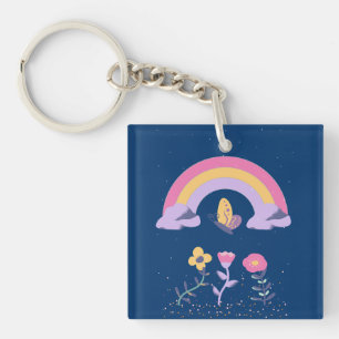 Rainbow Butterfly Cloud Flowers Key Ring