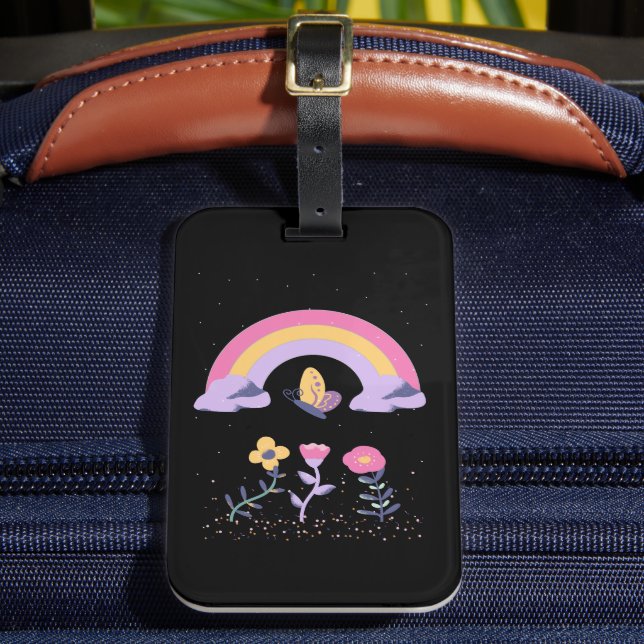 Rainbow Butterfly Cloud Flowers Luggage Tag (Front Insitu 2)
