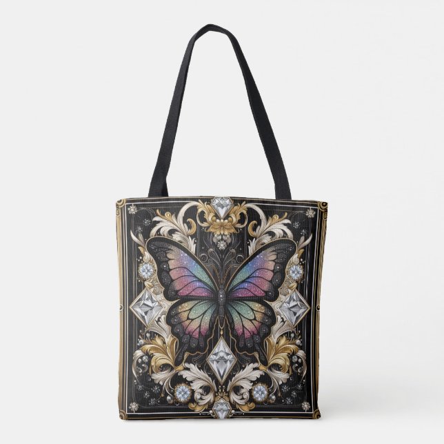 Rainbow Butterfly Diamonds Luxury Tote Bag (Back)
