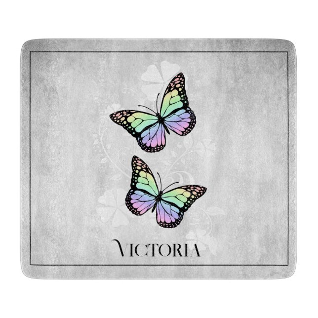 Rainbow Butterfly Floral Personalised Cutting Board (Front)