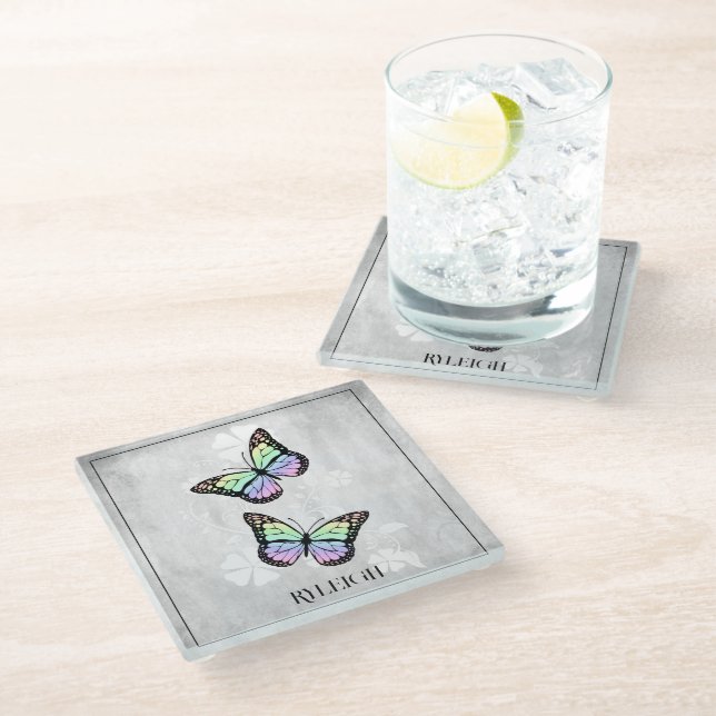 Rainbow Butterfly Floral Personalised Glass Coaster (Angled)