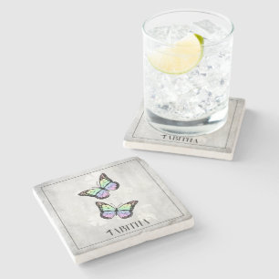 Rainbow Butterfly Floral Personalised Stone Coaster