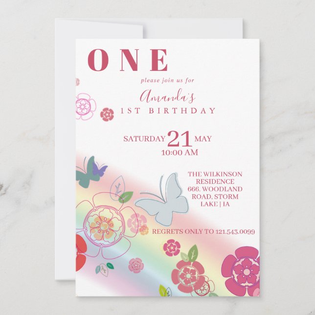 Rainbow Butterfly Flowers 1st Birthday  Invitation (Front)
