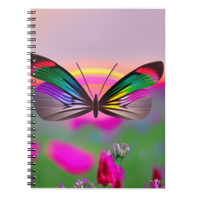 Rainbow Butterfly Flying Across a Field of Flowers Notebook (Front)