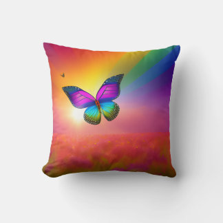 Rainbow Butterfly Flying in a Field Cushion