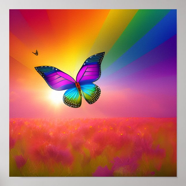 Rainbow Butterfly Flying in a Field Poster (Front)