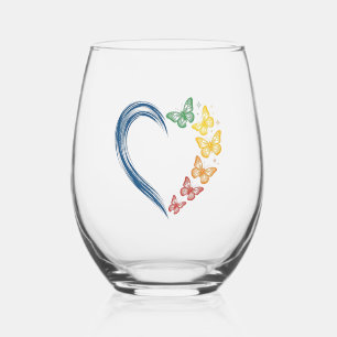 Rainbow Butterfly Heart Vintage Engraving Design_1 Stemless Wine Glass