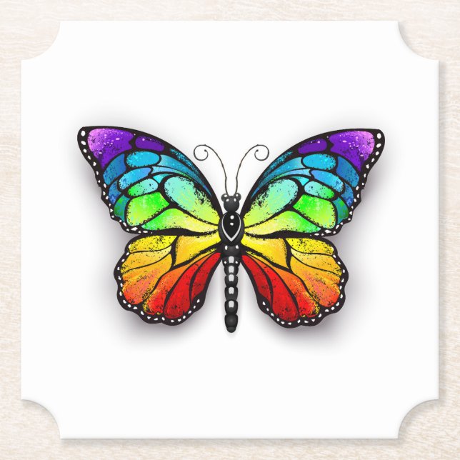 Rainbow butterfly Monarch Paper Coaster (Front)