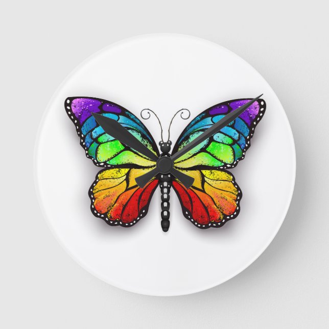 Rainbow butterfly Monarch Round Clock (Front)