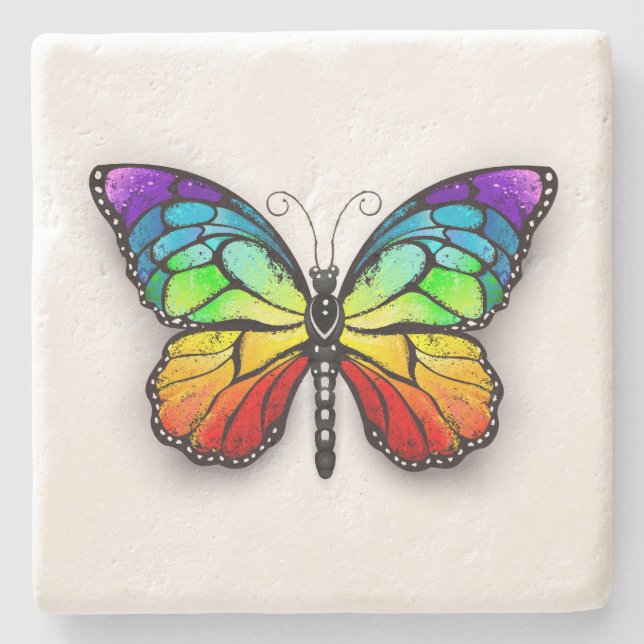 Rainbow butterfly Monarch Stone Coaster (Front)