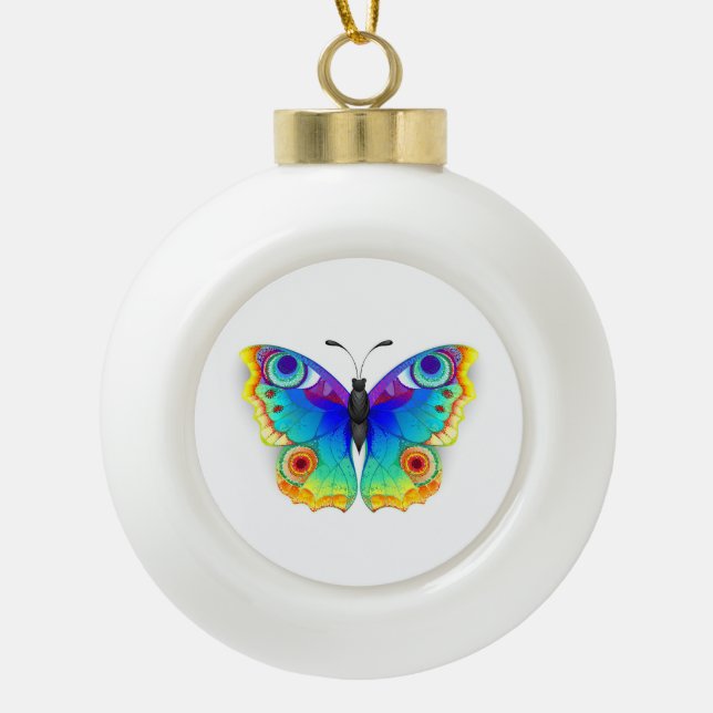 Rainbow Butterfly Peacock Eye Ceramic Ball Christmas Ornament (Front)