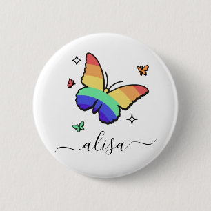 Rainbow Butterfly Personalised Calligraphy Name  6 Cm Round Badge