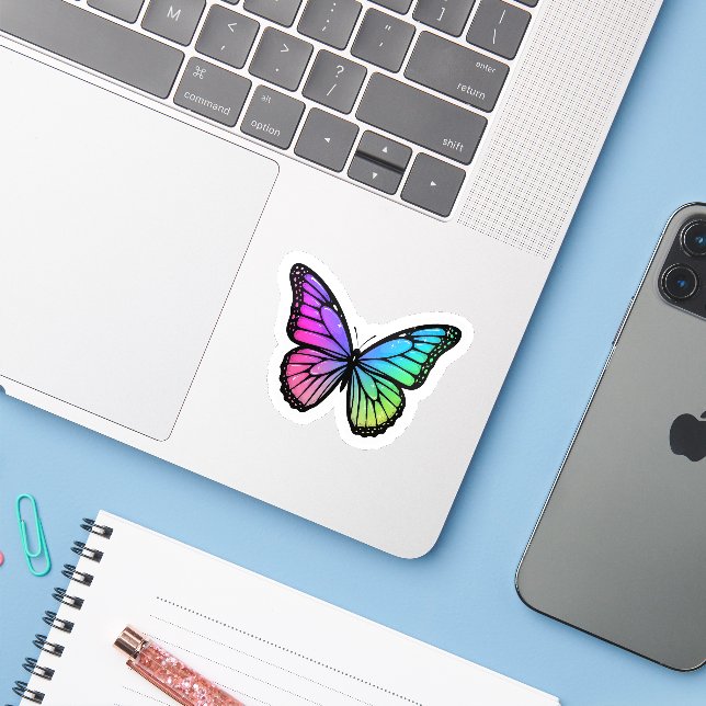 Rainbow Butterfly Sticker Colourful Y2K Aesthetic (Laptop w/ iPhone)