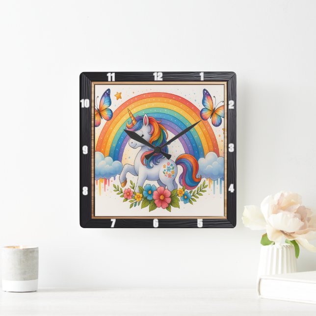 Rainbow Butterfly Whimsical Unicorn  Square Wall Clock (Home)