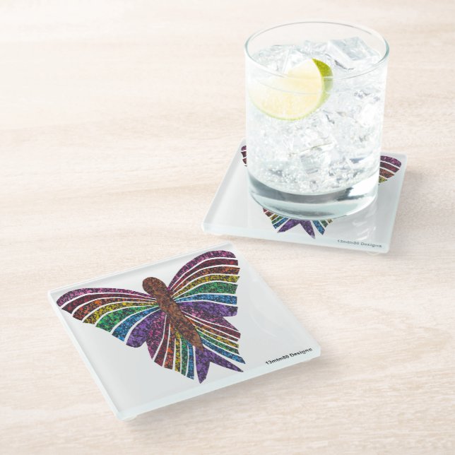 Rainbow Butterfly (white) - Glass Coaster (Angled)