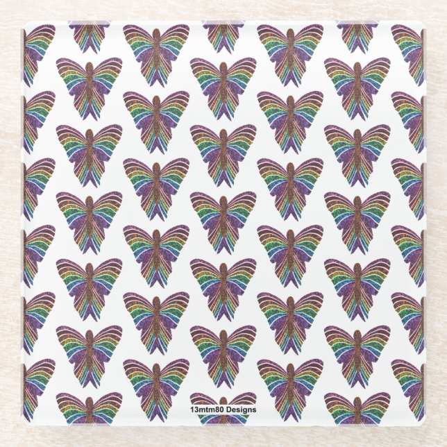 Rainbow Butterfly (white) - Glass Coaster (Front)
