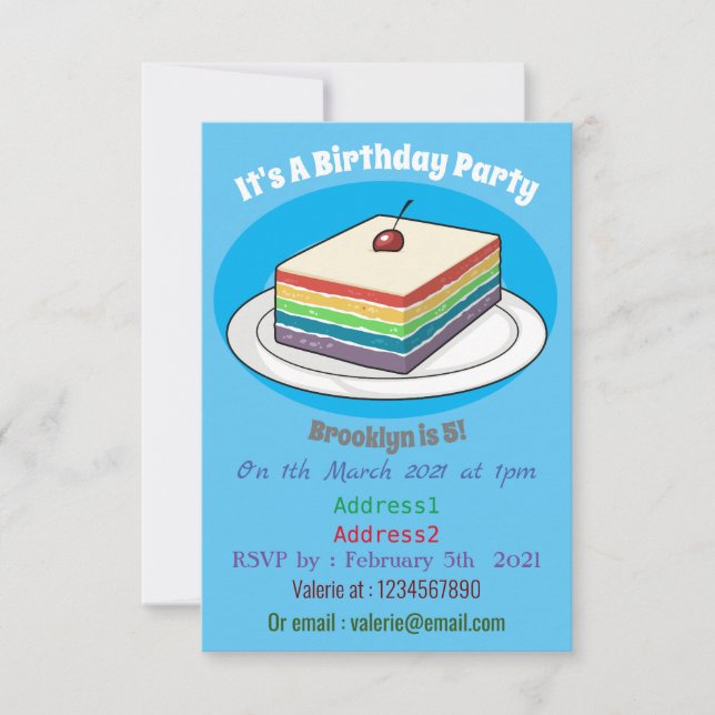 Rainbow cake cartoon illustration invitation (Front)