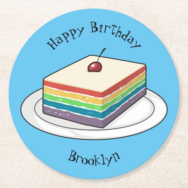 Rainbow cake cartoon illustration  round paper coaster (Front)