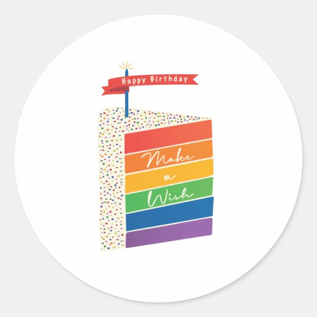 Rainbow Cake Happy Birthday Make a Wish Classic Round Sticker (Front)