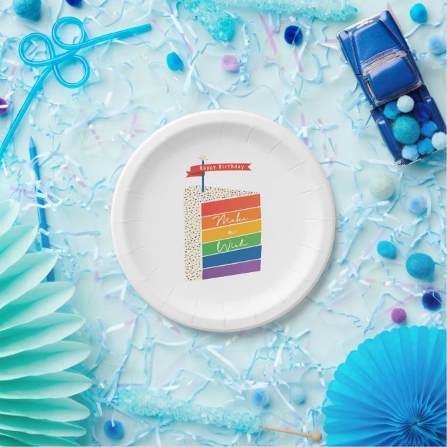 Rainbow Cake Happy Birthday Make a Wish Paper Plate (Party)