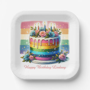 Rainbow Cake Happy Birthday Party Personalised Paper Plate