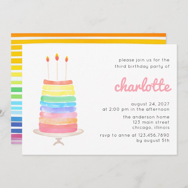 Rainbow Cake Kids Birthday Party Invitation (Front/Back)