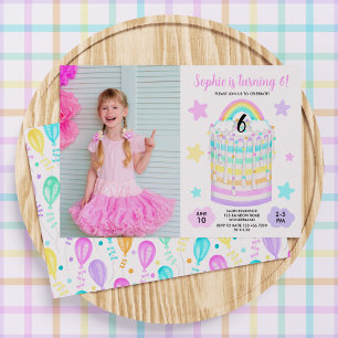 Rainbow Cake Photo Birthday Party Invite For Girls