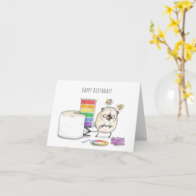 Rainbow Cake pug birthday card (Yellow Flower)