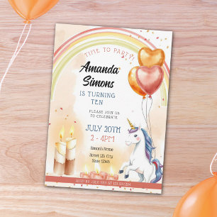 Rainbow Candle Unicorn Heart Girl 10th Birthday Invitation