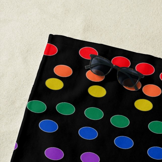 Rainbow Candy Dots on Black  Beach Towel (In Situ)