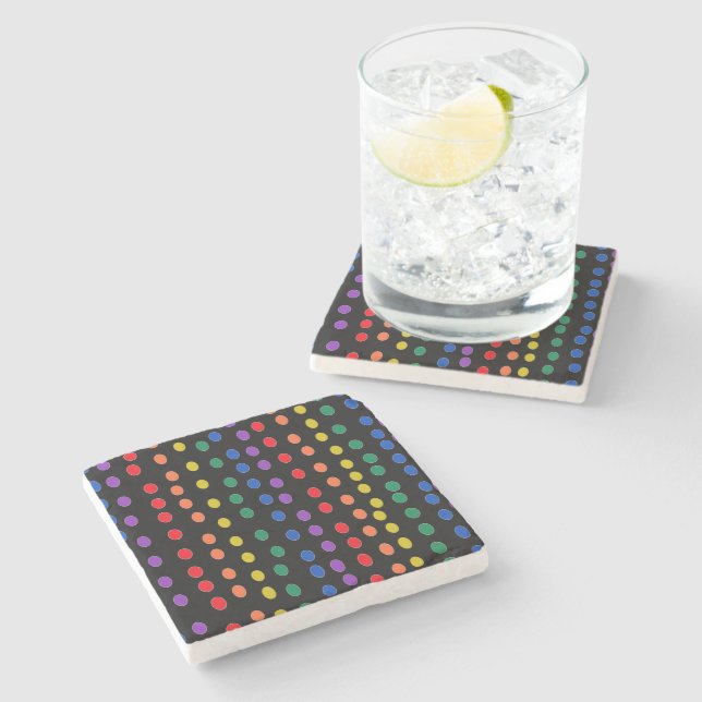 Rainbow Candy Dots on Black  Stone Coaster (Side)