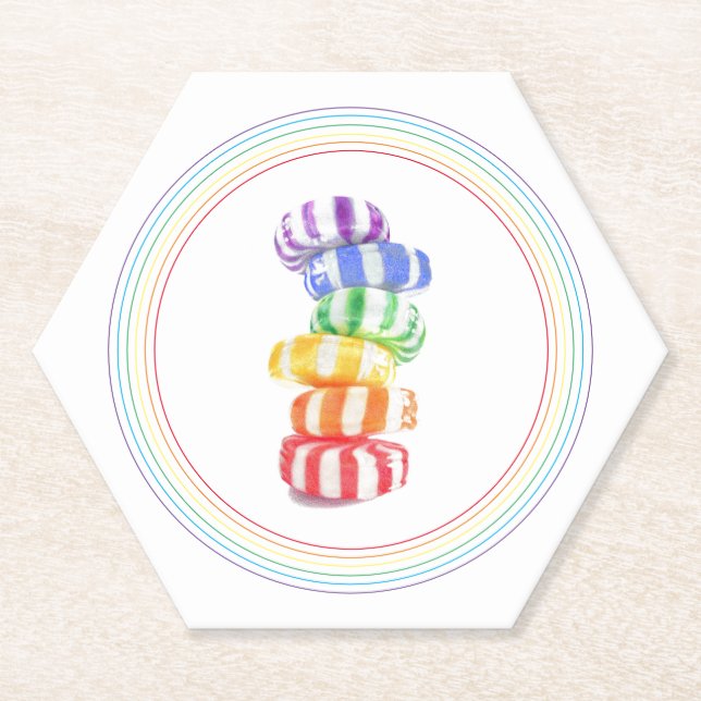 RAINBOW CANDY Hexagon Paper Coasters (Front)