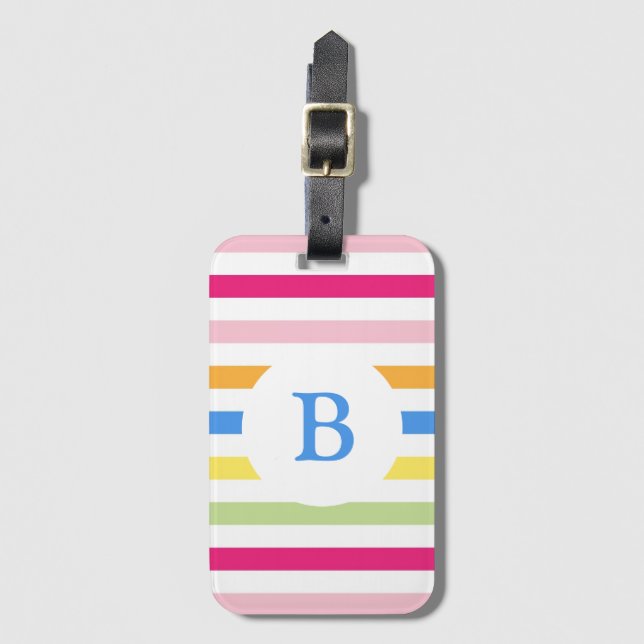 Rainbow Candy Stripes Modern Monogram Luggage Tag (Front Vertical)