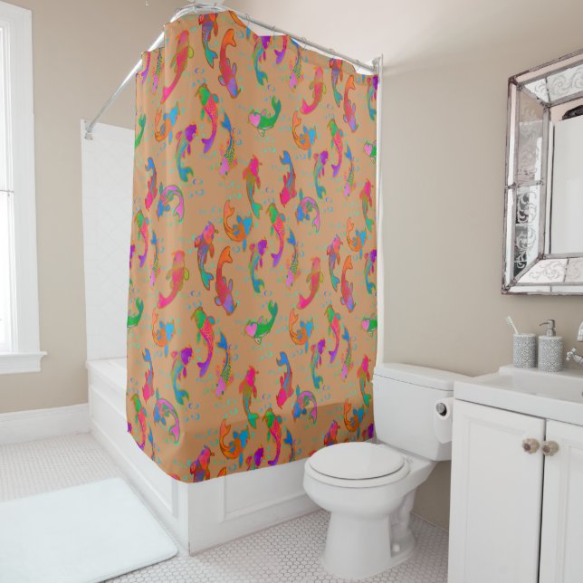Rainbow Carp Dancing in the Rain Rich Sands Shower Curtain (In Situ)