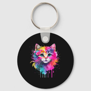 Rainbow Cat A Watercolor Paint Colourful Flowers C Key Ring