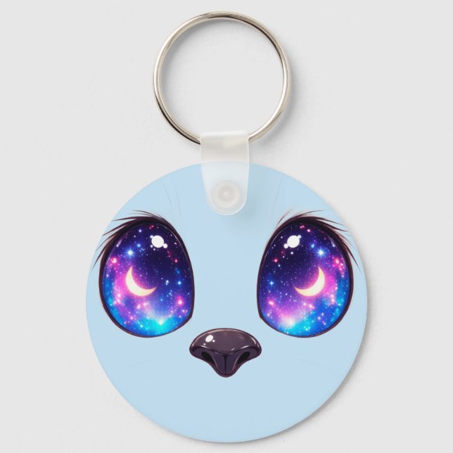 Rainbow Cat Eyes Kawaii Cat Face Illustration Key Ring (Front)