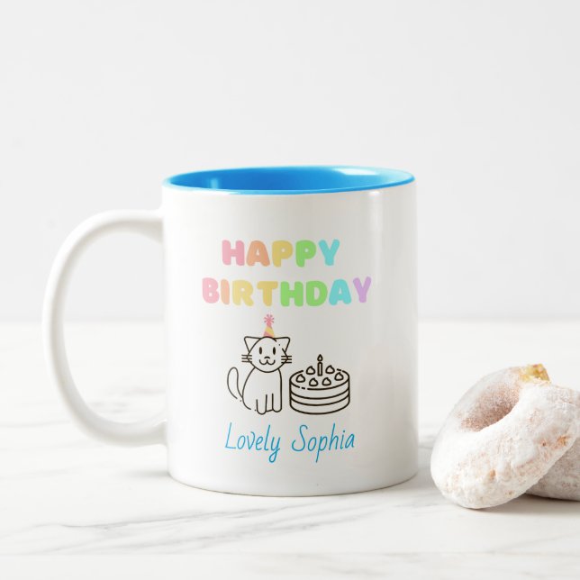 Rainbow&Cat Happy Birthday Two-Tone Coffee Mug (With Donut)