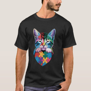 Rainbow Cat Hugging Heart, Cute Kitty Love Autism  T-Shirt